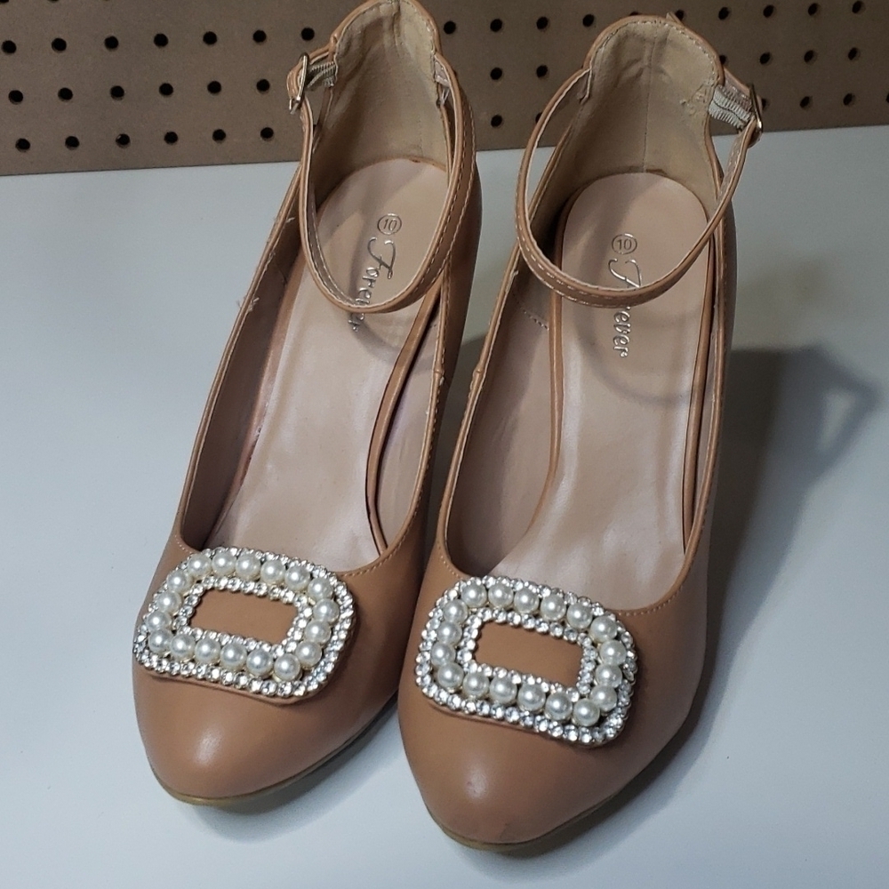 𝅺nude Gem Pearl Embellished Stiletto Heels Ankle Strap